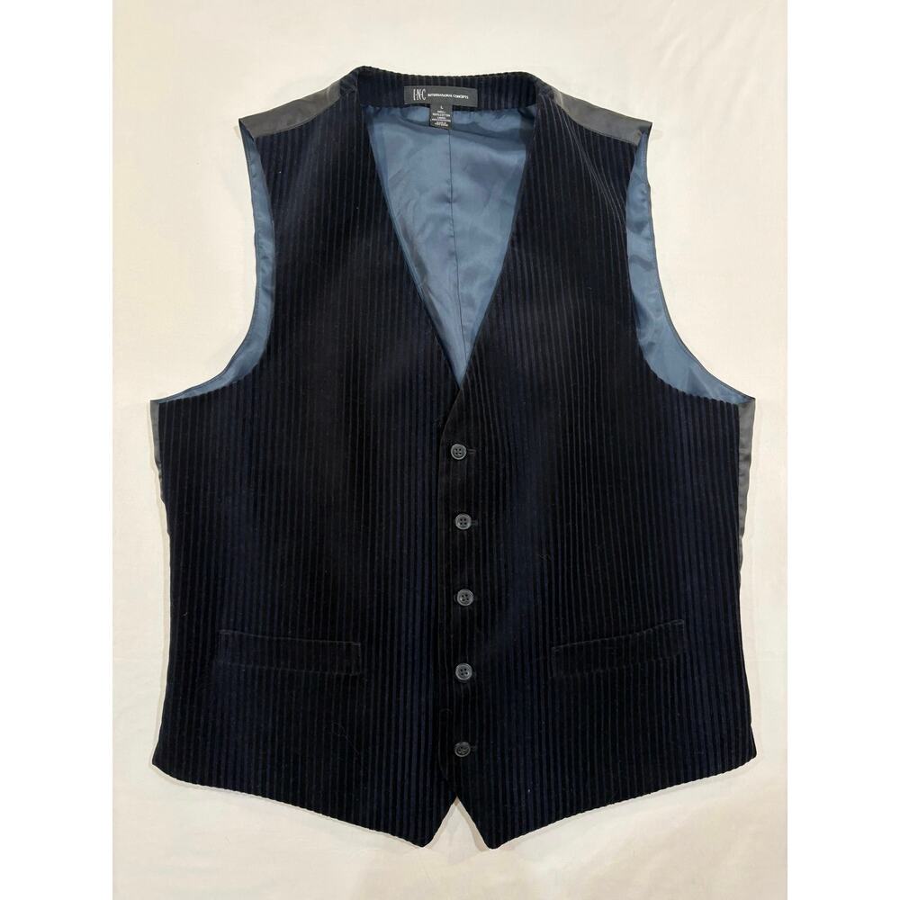 Black & Navy Blue Pinstriped Felt Velour Mens Vest Size Large